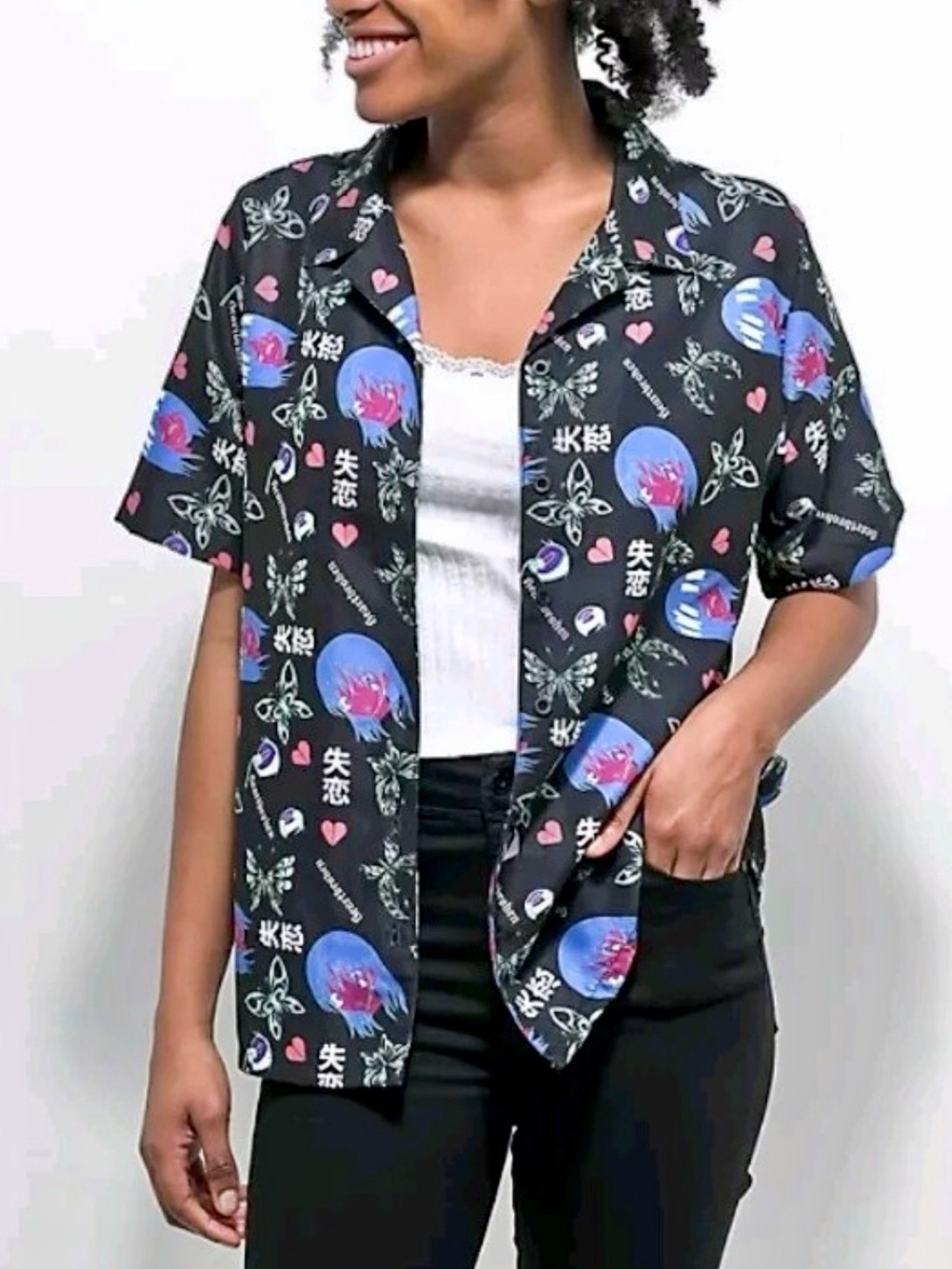 Vintage Y2K Vitriol Black Button-Up Shirt with Blue & Pink Graphic Anime Print